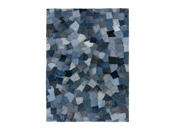 Teppich KAYOOM Urban Denim 490 , blau, B:80cm H:8mm L:150cm, Baumwolle, Teppiche, Teppich, Kurzflor, Patchwork Muster, Modernes Muster, Wolle, Vegan