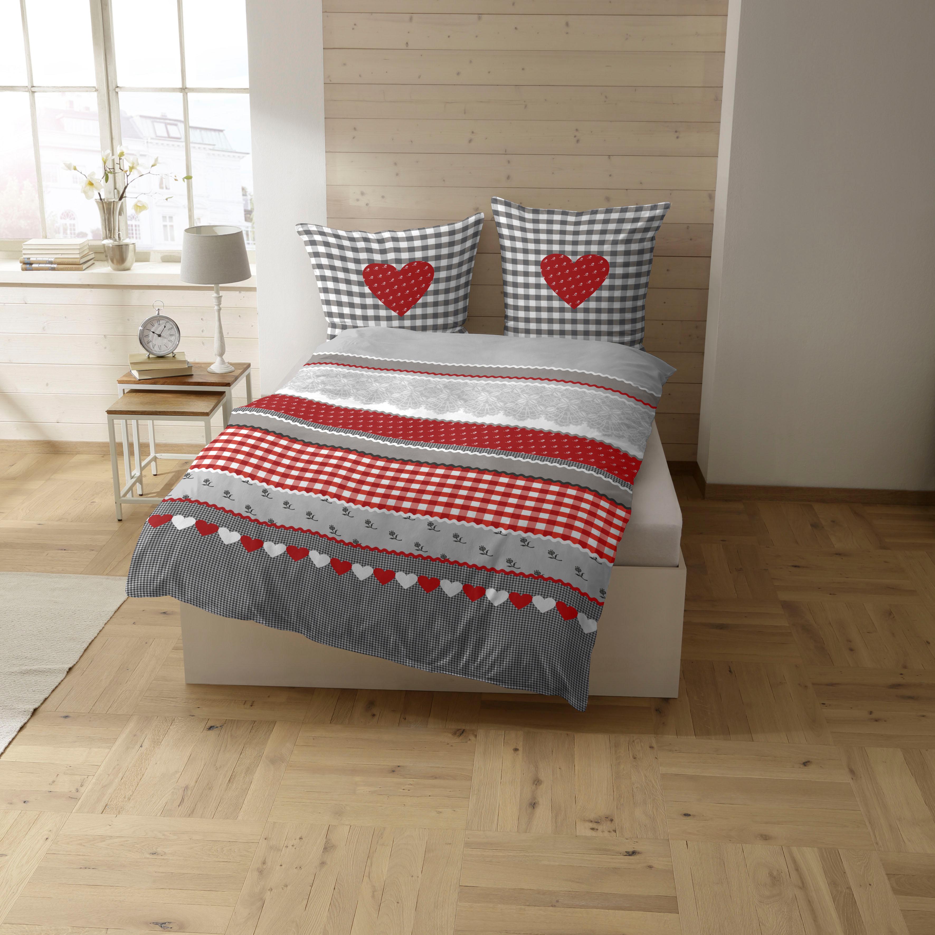 Bettwäsche CASATEX "Herz-Karo", grau (grau, rot), B/L: 240cm x 220cm, 1 Stk., 2 Stk., Biber, B/L: 80cm x 80cm & 80cm x 80cm, 3 Stk., Biber, Obermaterial: 100% Baumwolle, Bettwäsche, Bettwäsche, niedlichem Herz-Karo Design grau, rot B/L: 240cm x 220cm, 1 S
