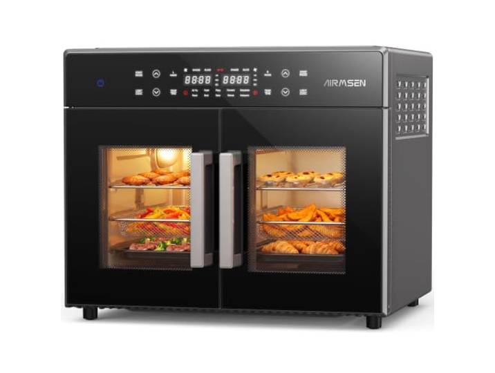 AIRMSEN 10-in-1 Doppeltür Heißluftfritteuse Backofen, 30L XL 360° automatischer Drehspieß, Heißluftofen, Emaille-Blech - Dörren, Backen, Braten, Grillen, Dörren