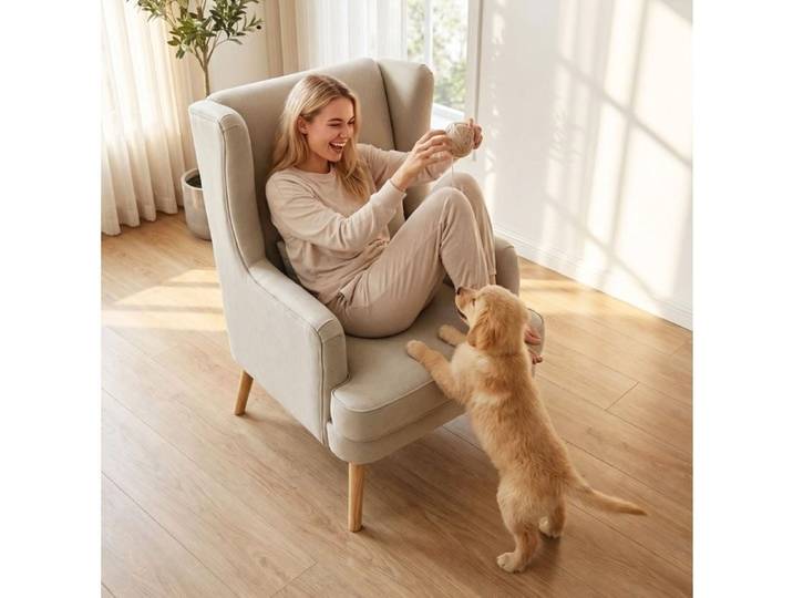 MEULVA Fauteuil lounge dossier haut en tissu effet lin coussin lombaire beige pieds en bois