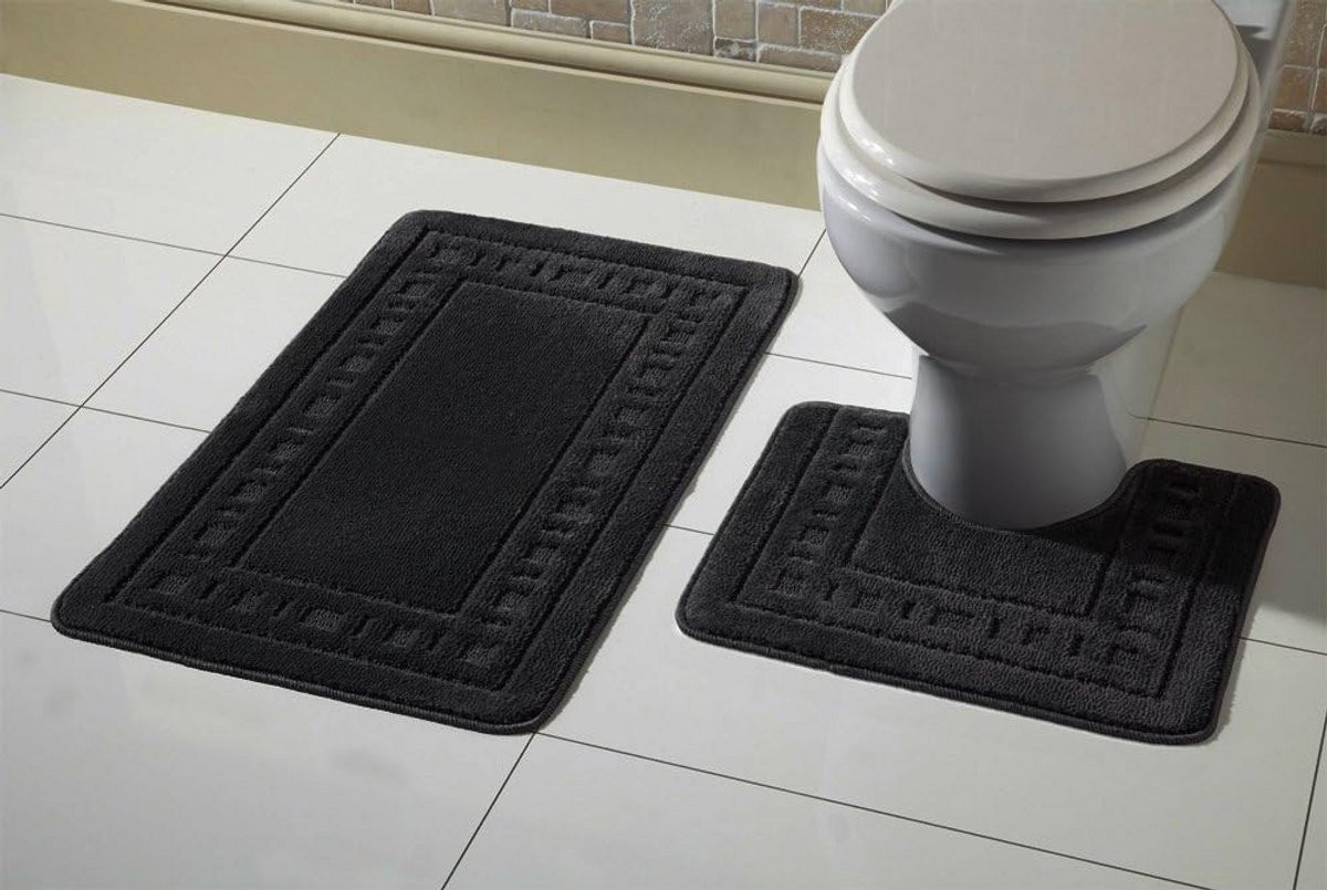 2-delige antislip badmat en voetstuk set in zwart voor de badkamer