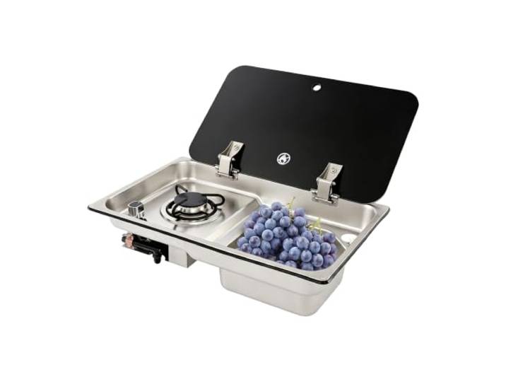 Gas-Camping-RV-Herd, 2-in-1-Küchenspüle und Herd-Kombination mit gehärtetem Glasdeckel, eingebauter Edelstahl-Universal-Outdoor-Gasherd für Wohnmobil, Anhänger, Wohnwagen (ohne Wasserhahn)