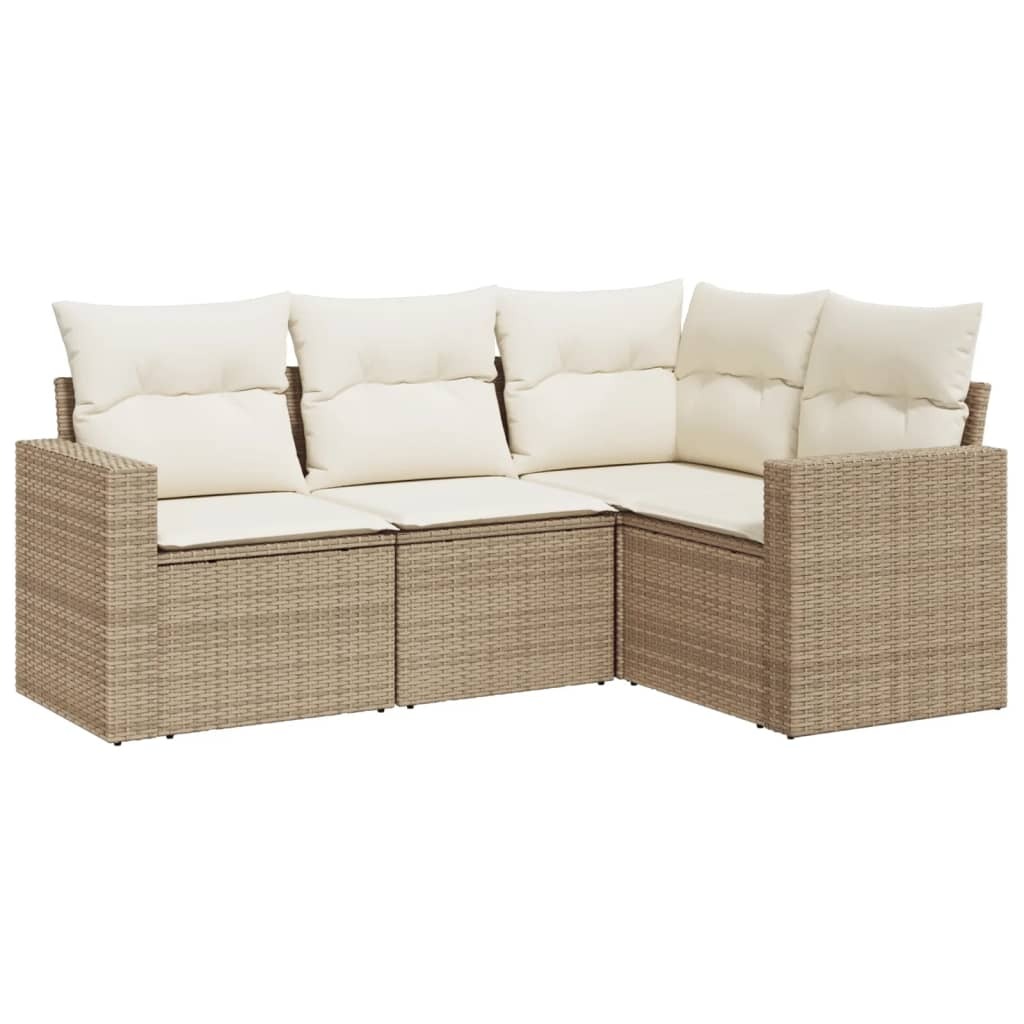 Modulares Gartensofa, 4-teilige Lounge-Sitzgruppe mit Stauraum, UV-beständiges Poly Rattan, Beige, Cremeweiße Kissen, abnehmbare Bezüge
