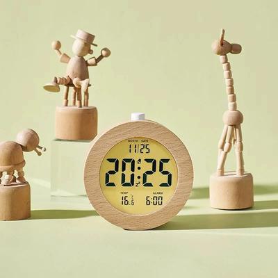 HomeDecorAndMore LLC Elegant Wooden Alarm Clock With Backlight, Temperature Date Time Display Perfect Bedroom Table Clock round
