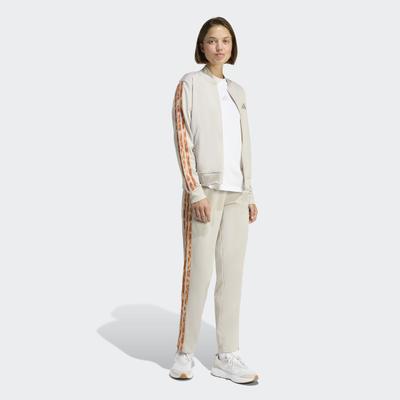 Trainingsanzug ADIDAS SPORTSWEAR "3-STRIPES LEOPARD PRINT", Damen, Gr. L, beige (wonder alumina, multicolor), Obermaterial: 100% Polyester, Sportanzüge Trainingsanzug