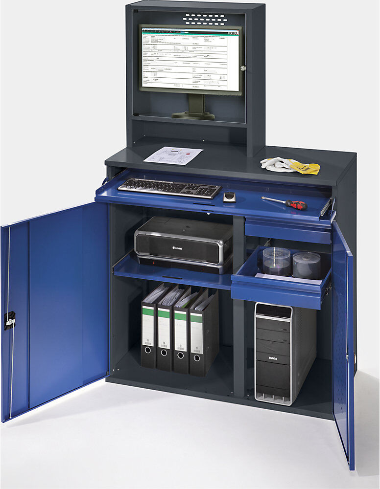 Computer-Arbeitsstation, Monitorgehäuse, 1 Ausziehboden, 2 Schubladen, Breite 1100 mm, anthrazit / enzianblau RAU