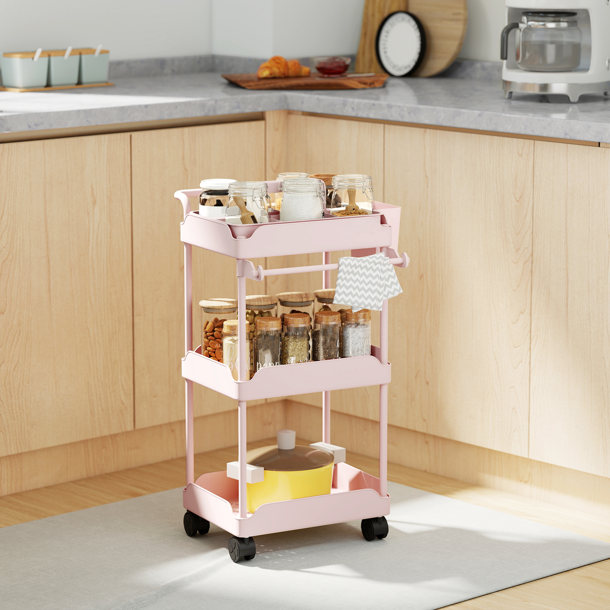 Homcom Carrello Ausiliario con Ruote a 3 Livelli Carrello da Cucina con Ceste Estraibili e Porta Asciugamani Rosa   Aosom Italy