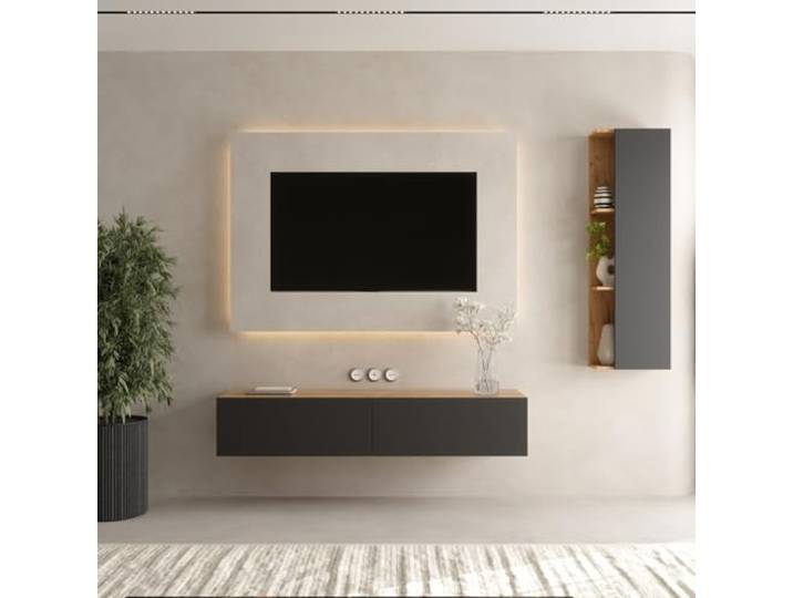 Planetmöbel TV-Schrank, Fernsehtisch 160 cm lang, 1x TV-Schrank 40 x 130 x 17 cm hängend, Fernsehschrank für Wohnzimmer, 1x TV Lowboard 160 x 30 x 37,8 cm, Gold Eiche Anthrazit