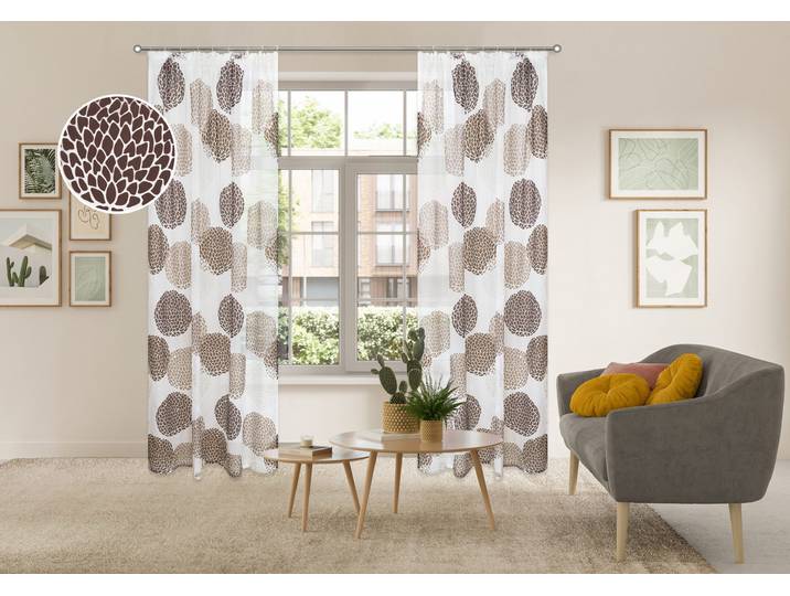 Gardine GOODPRODUCT Belem Gr. 4, braun, B:140cm H:245cm, Voile, Polyester, Gardinen, Gardine, 1 bzw. 2 Schals, Vorhang, Fertiggardine, Kreise