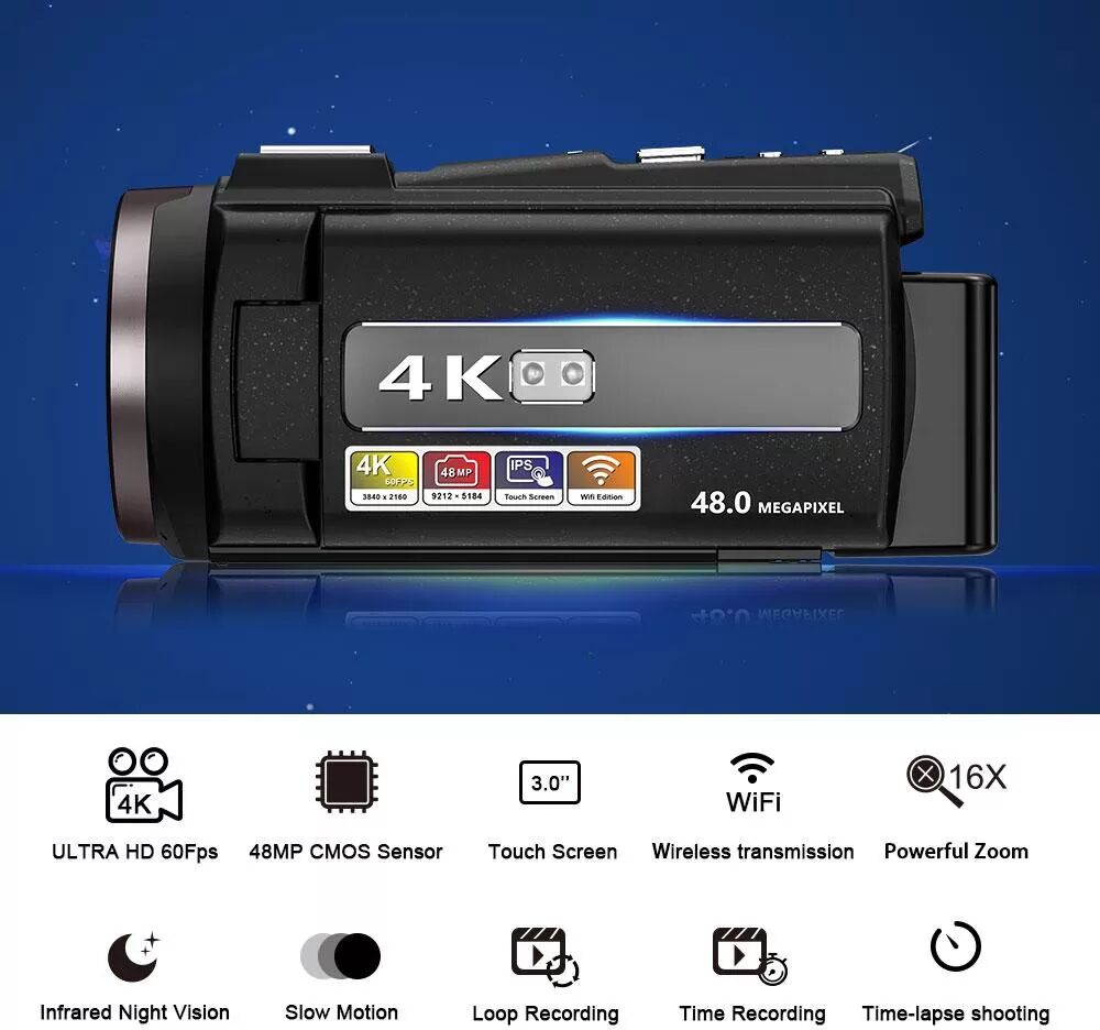 INF Camcorder Videokamera 4K/48MP/16x Zoom/IR-Nachtsicht/Fernbedienung/32-GB-Karte