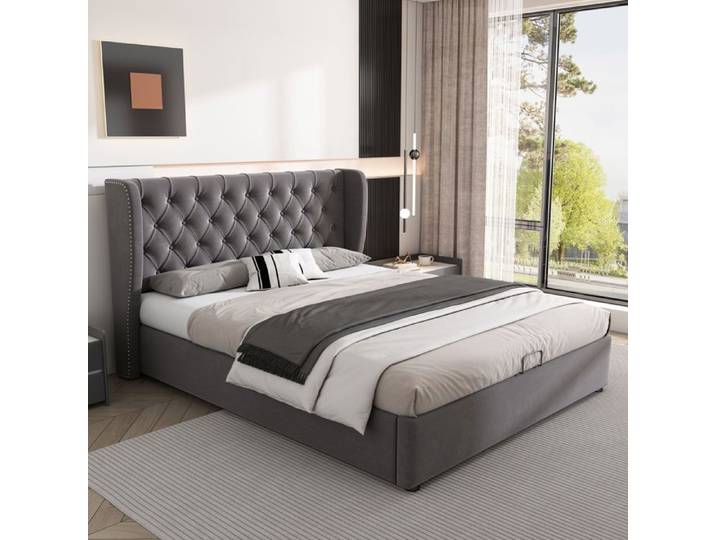Lit coffre 140x190 en velours gris