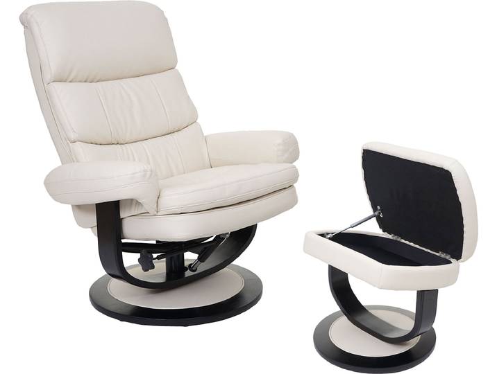 Relaxsessel HWC-C16, Fernsehsessel TV-Sessel Hocker mit Staufach, MVG- Kunstleder creme