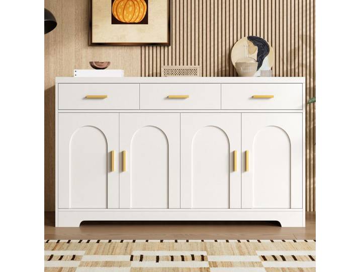 ULEVR Buffet bas blanc en MDF 4 portes 3 tiroirs poignées dorées étagères réglables 140 cm