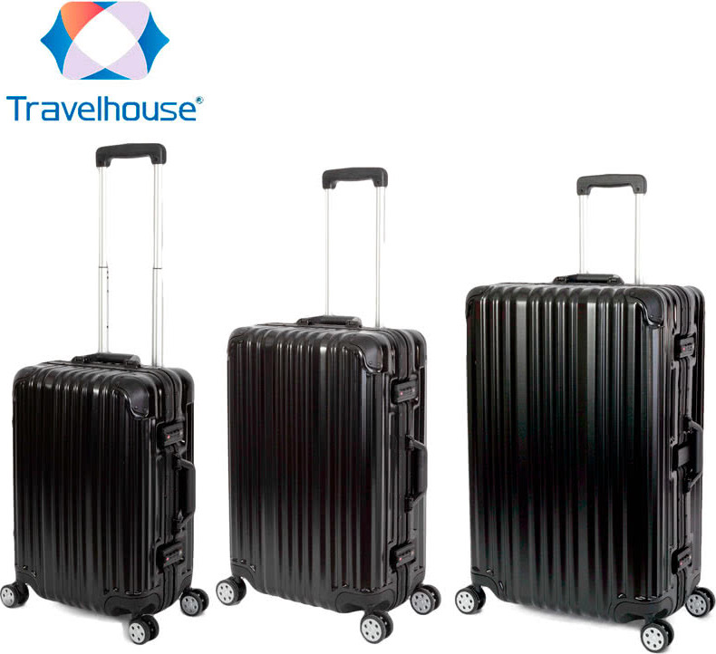 3er Reisekoffer Set - Hartschalen Polycarbonat Alu Koffer Trolley Reise Urlaub Travelhouse London - Kofferset S+M+L, schwarz