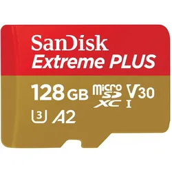 Sandisk Extreme Plus (128 GB, microSDXC, U3, UHS-I), Speicherkarte, Gold, Rot