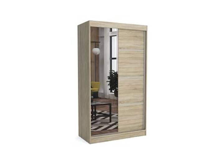 Brent - Kleiderschrank mit Spiegel Tom, 100cm Breit, Schlafzimmerschrank mit 1 Kleiderstange und Einlegeböden für Kleidung, Kleiderschrank Sonoma Eiche