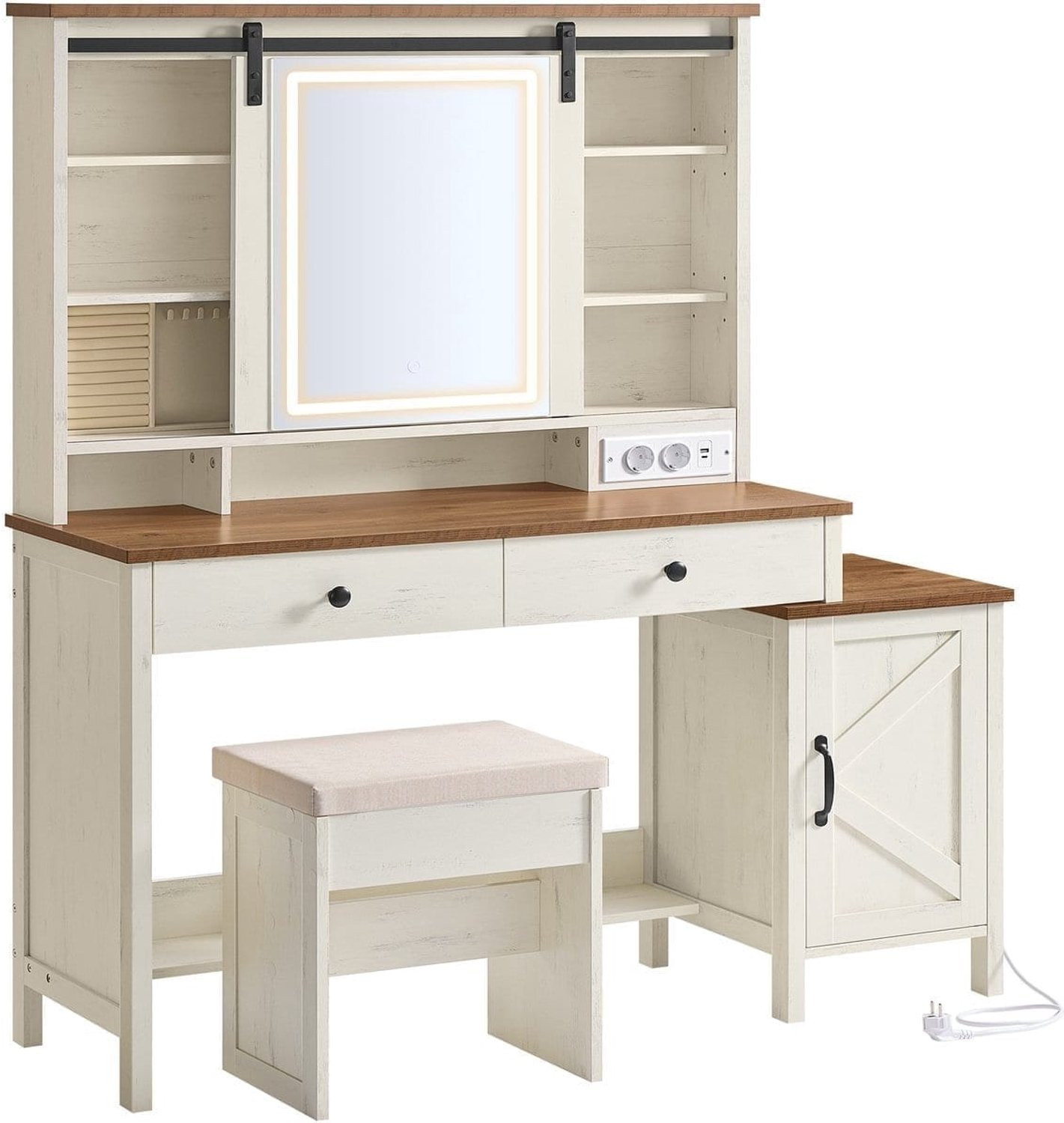 Klarven Kaptafel Wit-Bruin met Spiegel, Verlichting, Krukje en Oplaadstation