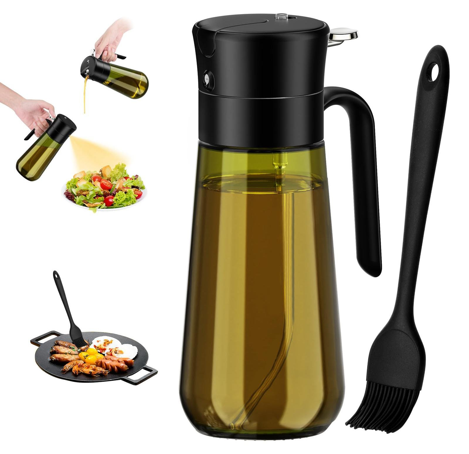 Selius 2-in-1 Olie Sprayfles met Bastingborstel, 580 ml Lichtbestendige Glazen Dispenser
