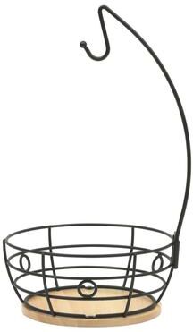 Gibson Home Fruit Basket Bowl with Banana Hanger - Black Metal Wire & Rubberwood Base - Countertop Produce Stand for Fruits