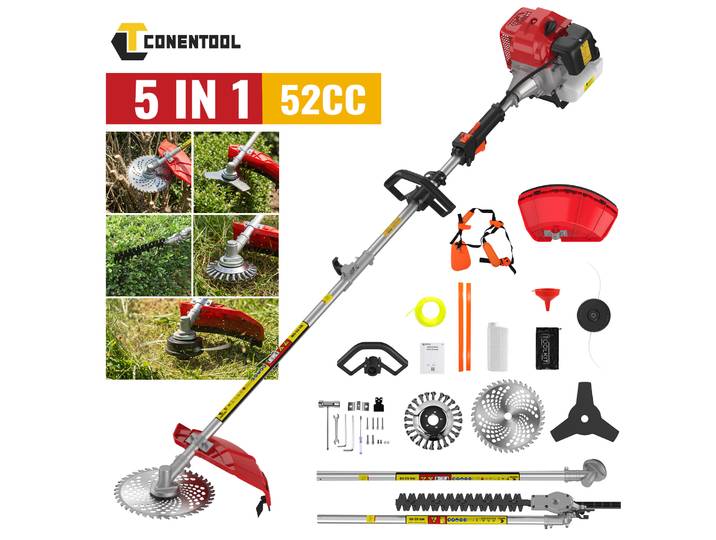 CONENTOOL 5 EN 1 Tondeuse à essence 11000 tr/min, Coupe-bordures à essence 52cc, Moteur 2 temps 2,5 kW, Débroussailleuse à essence, Outils de jardin