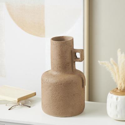 ARCILLA ELEMENTAL Brown Paper Mache Distressed Textured Abstract Decorative Vase with Geometric Handle