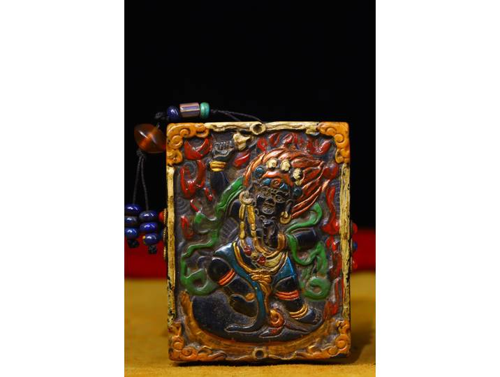 Collection de temple tibétain de 3 pouces, ancienne météorite naturelle peinte en filigrane, mosaïque, gemme Vajra Bodhisattva, pendentif bouddha, amulette exorcisme