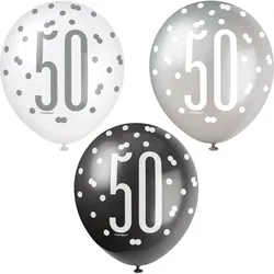 6 Luftballons schwarz & silber Zahl 50