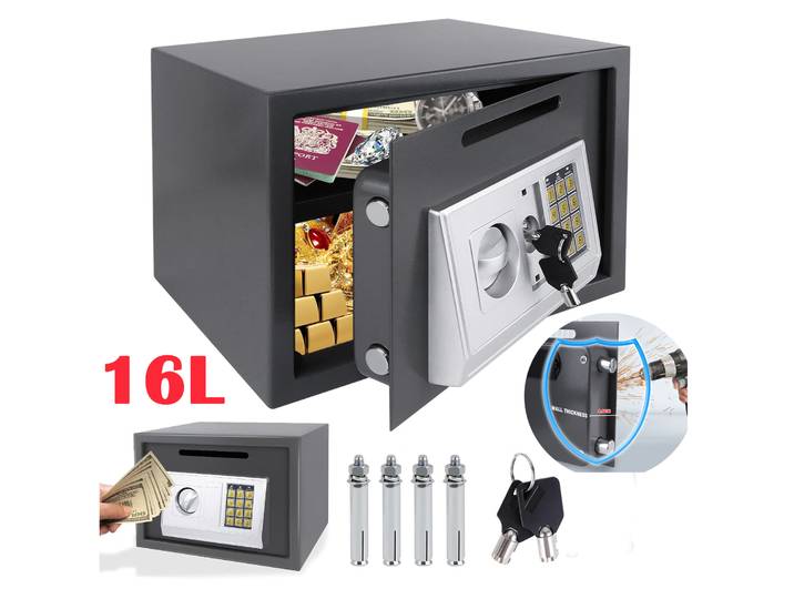 Coffre Fort Numérique 16L, 2 Compartiments avec 2 Clés de Secours, Porte Acier 4mm, Sécurité Électronique pour Argent Documents Maison Bureau, 4 Boulons d'Ancrage Inclus