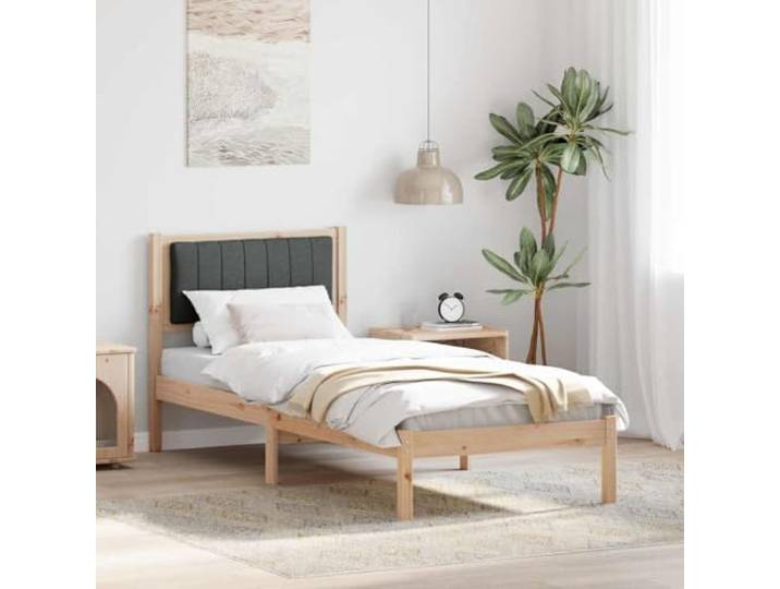 Kiefernholz Modernes Design Bettgestell Dunkelgrau 75 x 190 cm Bettgestell mit gepolstertem Kopfteil Dunkelgrau 75x190 cm Massivholz Kiefer Stabil Modern Einzelbett Lattenrost