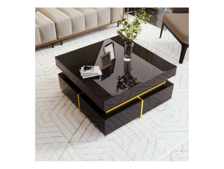 Fine Life Pro Couchtisch Hochglanz-Couchtisch mit Schubladen, goldene Akzente, modernes Design, Aufbewahrung, für Wohnzimmer
