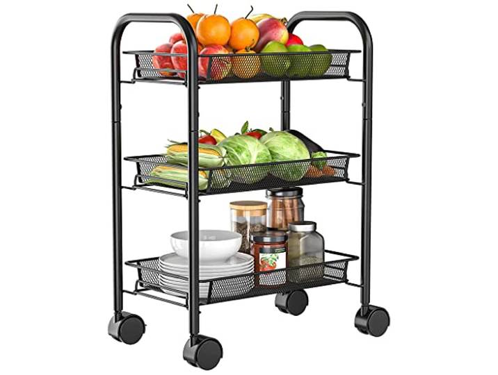 Rollwagen, Metallwagen feststellbare Räder 4 Haken Küche Bad(/Black 3 Tier)
