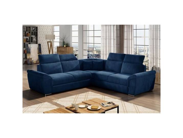 Canapé d'angle convertible - FELIPE VELOURS - en tissu luxe bleu 5/6 places