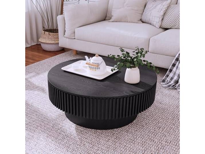 Yabunzel 75 cm ModernRunder Couchtisch mit Stauraum, Holzoptik, Schwarz Moderner Wohnzimmertisch rund Mushroom mit geriffeltem Design, ,verstecktem Stauraum Belastbarkeit für Wohnzimmer