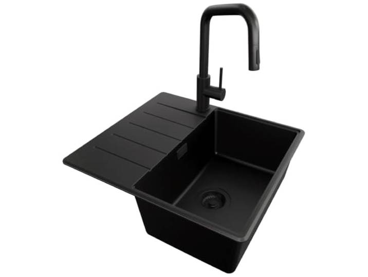 PRIMAGRAN Granitspüle ab 40er Unterschrank + Küchenarmatur, 55x50cm Set: Küchenarmatur BW9070 + Ablauf-Set + Spülbecken 1 Becken - Kopenhagen Top, Alles Schwarz
