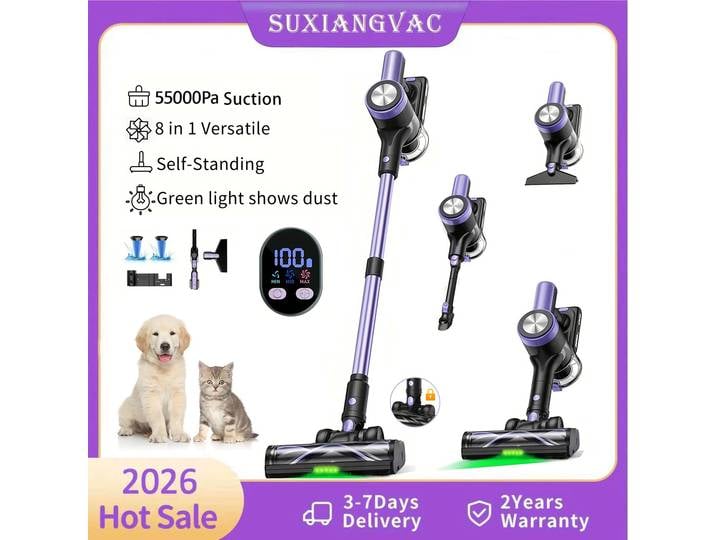 Aspirateur sans fil autoportant 500W/55KPA, aspirateurs portatifs 60 minutes, aspirateur à écran LED intelligent pour tapis/poils d'animaux