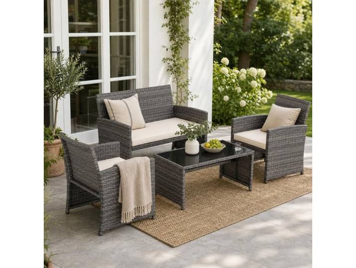 Set conversation 4 pièces - PAGE Living - fauteuil causeuse table rotin blanc cassé