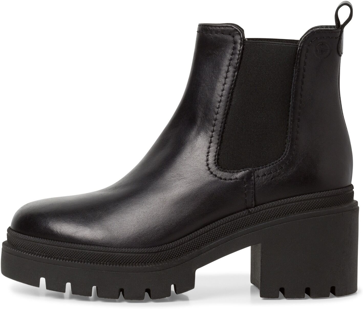 Chelseaboots TAMARIS, Damen, Gr. 37, Textil, schwarz, Elastischer Einsatz, Glattleder, schimmernd, unifarben, Schuhe Chelseaboots, Blockabsatz, Plateau, Stiefelette zum Schlupfen schwarz 37, Textil