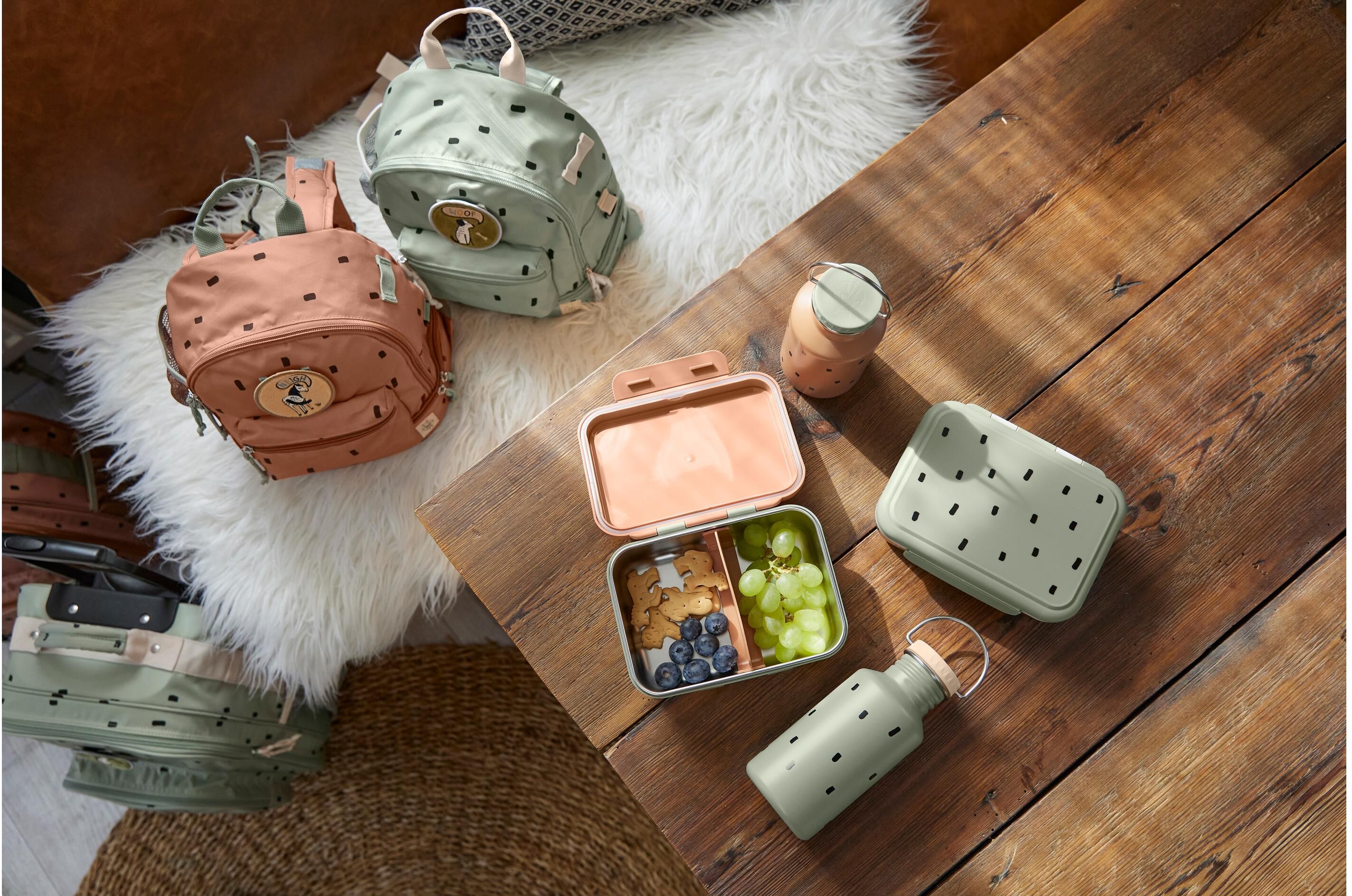 Lunchbox LÄSSIG "Edelstahl Happy Prints Olivgrün", grün (olivgrün), B:6,9cm H:13,3cm L:17,3cm, Metall, Lebensmittelaufbewahrungsbehälter, Lunchbox olivgrün B/H/L: 6,9cm x 13,3cm x 17,3cm