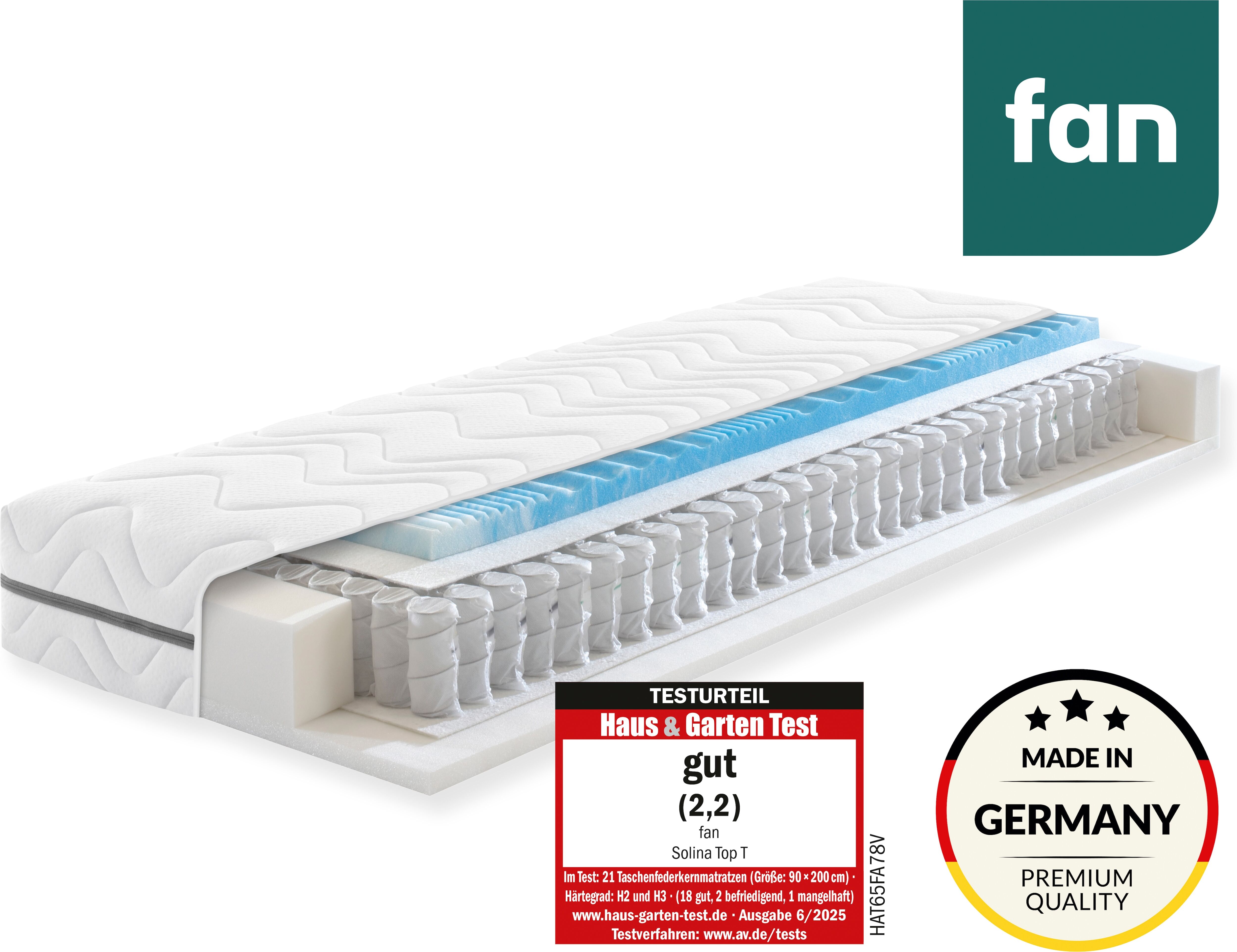 Taschenfederkernmatratze FAN "Solina Top T, 90x200 & mehr, 7 Zonen Wendematratze in 2 Härten", weiß, B:80cm H:22cm L:200cm, Bezug: 100% Polyester. Steppfüllung: 100% Polyester, Matratzen, Taschenfederkernmatratze, Haus & Garten Test "GUT", getestet in Gr.