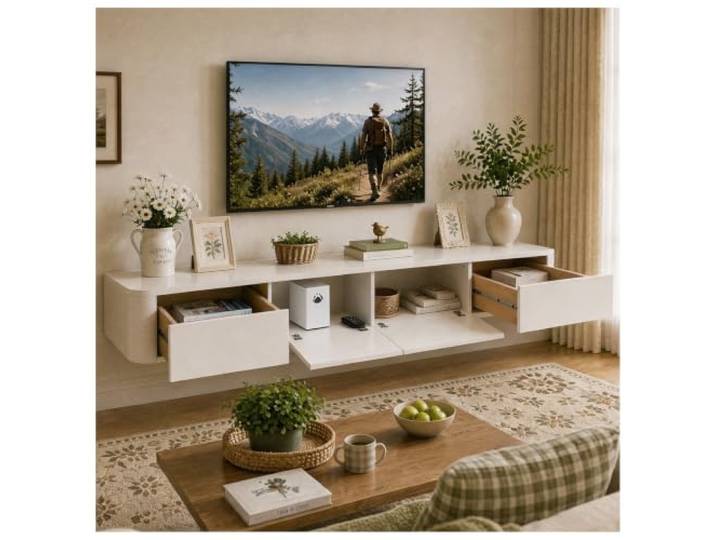 KSYGINXD Schwebende TV Schrank 240cm Weiß, Modern TV Lowboard Hängend, TV Board Hängend mit 2 Schubladen 2 Klappen Türen & Kabelmanagement, für Wohnzimmer und Esszimmer