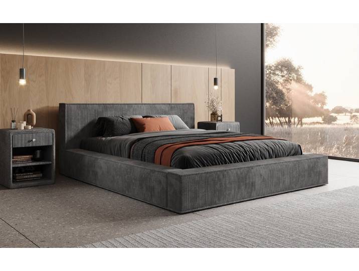 Designer Polsterbett Harmon in Cord mit Stauraum - 200x200 - Hellgrau - Luxusbetten24