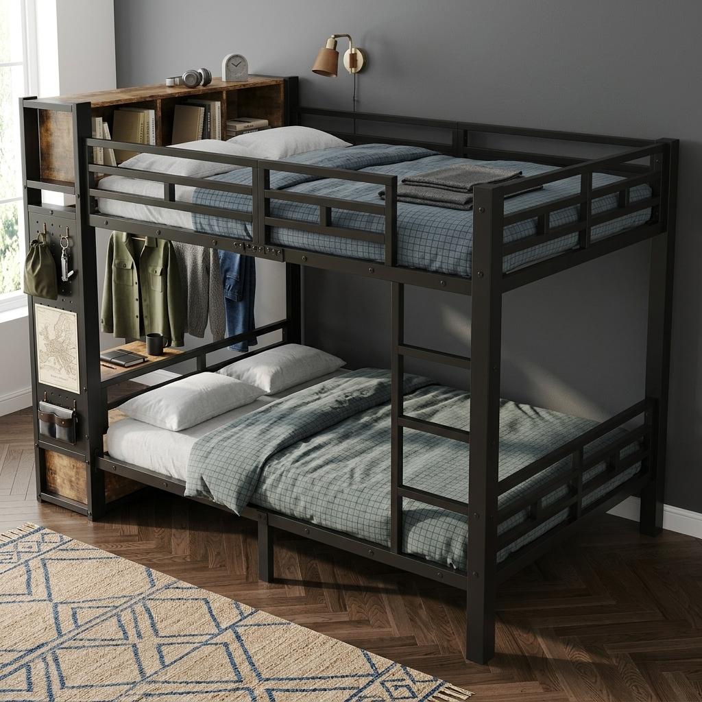 Metall-Etagenbett 120x200cm, Stauraum, Kleiderstange, Schublade, Lochwand, Ablagen (Black + Dark Walnut)