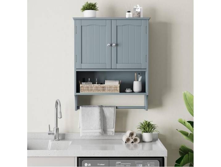 Armoire murale de salle de bain avec 2 portes étagère ouverte étagère réglable et porte-serviettes gris clair - UVRION