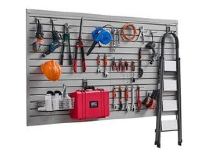 VEVOR Panneau à Lattes Mural Garage, 1225 x 2450 mm, Panneau Rangement Outils PVC avec Accessoires, Porte-outils Muraux avec Crochets pour Affichage, Organisation, Stockage, Atelier, Artisanal, Gris