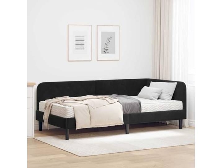 WDGJJFECNMUEHI Samt Eckbettrahmen L Form Platzsparend 90 x 190 cm Schwarz Eckbettgestell mit Matratze Schwarz 90x190 cm Samt L-Form Polsterbett inklusive Schaumstoffmatratze Platzsparendes Sofabett