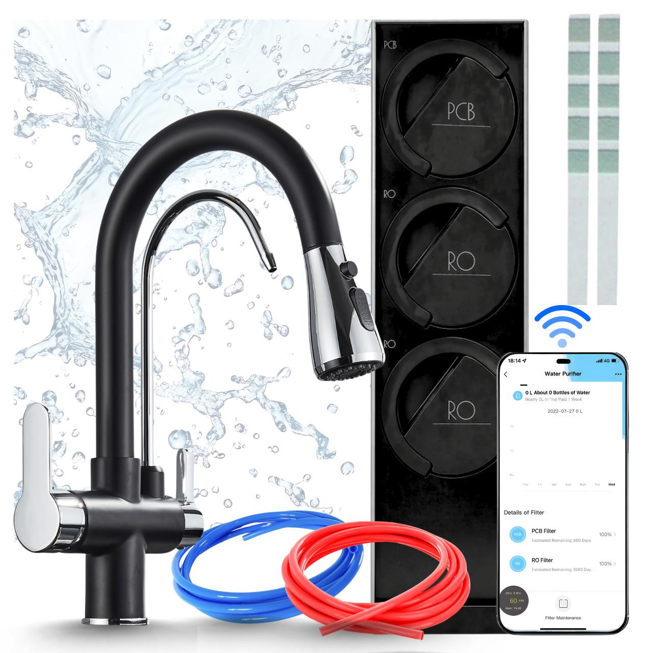 ARI Slim Omgekeerde Osmose Waterfiltersysteem met 3-weg Keukenkraan, Ari 800 Gpd, Zwart Chroom