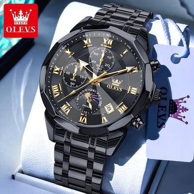 Uplifted Finds Olevs 3675 Mens Multifunction Chronograph Quartz Watch Moon Phase Design all Black