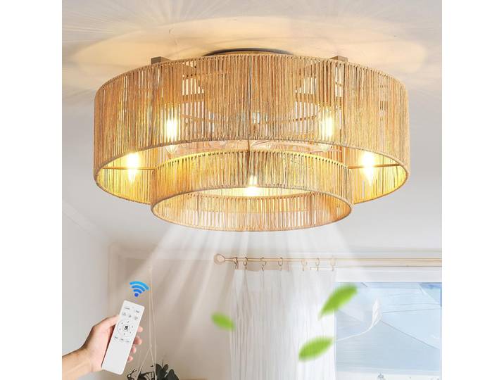 Ventilateur de plafond en rotin de 50 cm avec lumières, télécommande, 6 vitesses, ventilateur DC réversible, nouveau ventilateur de chambre à coucher, lampe de ventilateur rafraîchissant