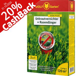 Wolf-Garten Unkrautvernichter 2-in-1 plus Rasendünger SQ 120, 20% Cashback, anwendungsfertiges Granulat, bis 120 m², 2,4 kg