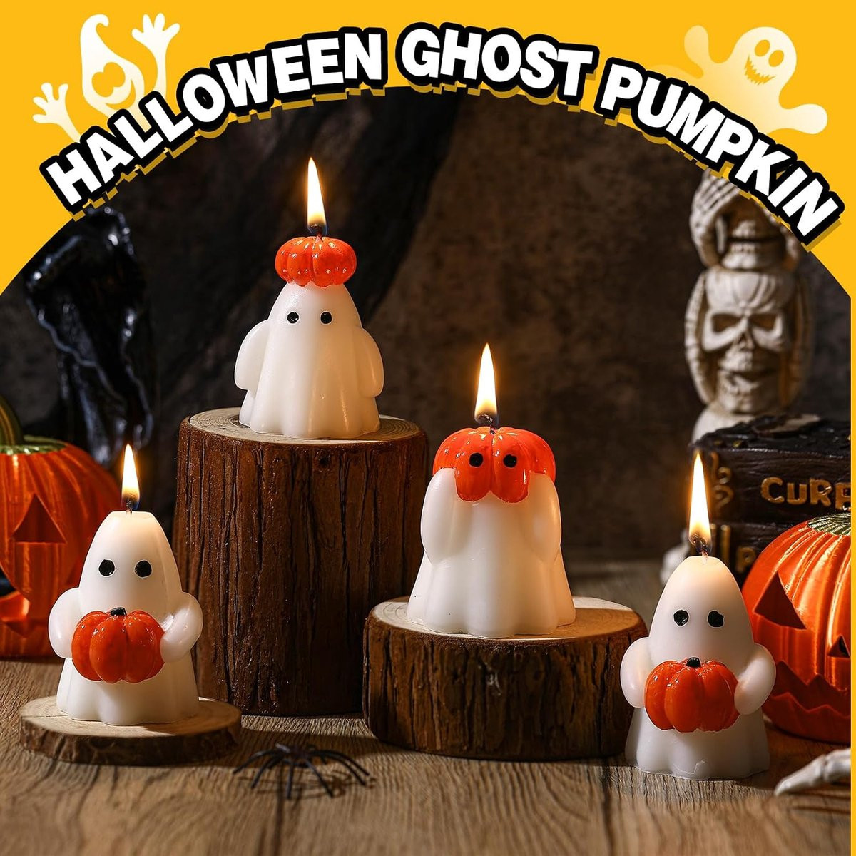 Set van 4 Halloween theelichtjes met spook en pompoen decoratie